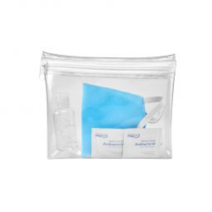 SLD 062, SET ANTIBACTERIAL. Set sanitizante. Contiene 1 gel antibacterial de 40 ml, 2 toallitas desinfectantes y un cubrebocas de doble capa, material Non-woven, lavable y puede utilizarse un aproximado de 5 veces.