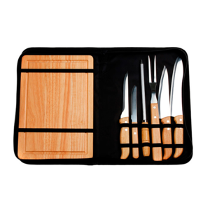 HM-036, Set de BBQ fabricado en acero inoxidable y mangos de roble, incluye 7 piezas (cuchillo de chef, cuchillo pequeño, cuchillo deshuesador, cuchillo para carne, tenedor, afilador y tabla para cortar).