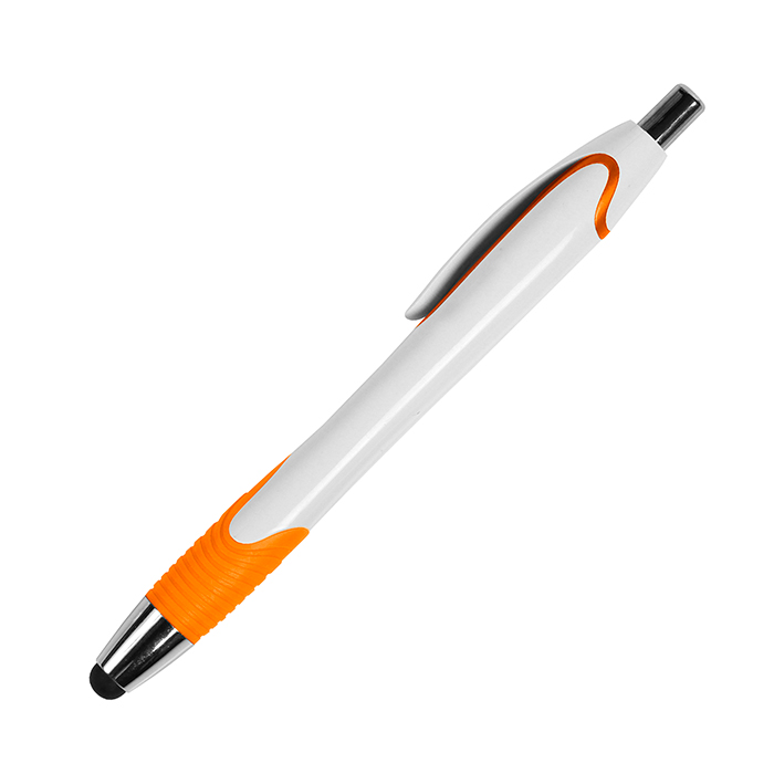 BL-107, Bolígrafo de plástico retráctil con puntero touch, agarre de goma y tinta azul.
