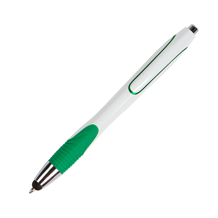 BL-107, Bolígrafo de plástico retráctil con puntero touch, agarre de goma y tinta azul.