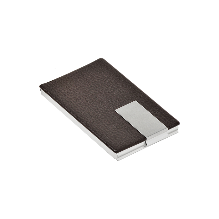 EX-010, Porta tarjetas de piel con metal, con caja de carton, colores: negro y cafe