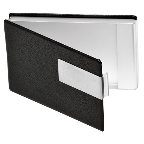 EX-010, Porta tarjetas de piel con metal, con caja de carton, colores: negro y cafe